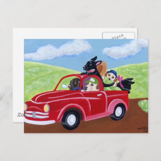 Roter Lkw und Labradore Postkarte (Vorne/Hinten)