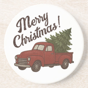 Roter LKW und Weihnachtsbaum gemütliches Feiertags Getränkeuntersetzer