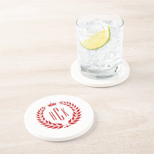 Roter Lorbeerkranz mit individuellem Monogramm Getränkeuntersetzer (Seite)