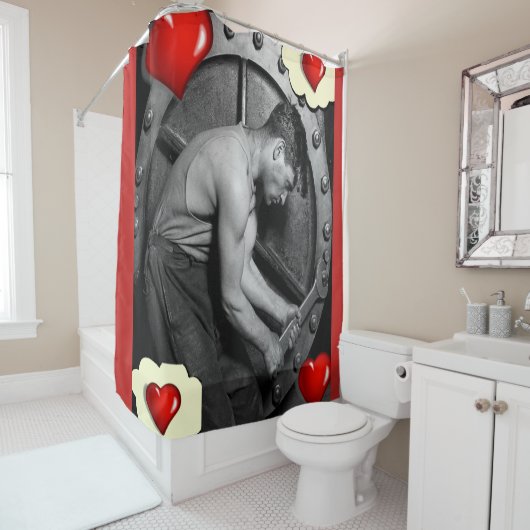 roter mechanischer Schwarz-weißer Duschvorhang (Beispiel)