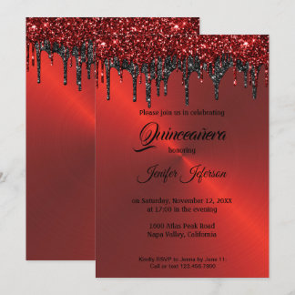 Roter metallischer Glitzer Quinceanera Einladung