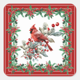 Roter Mockingbird Poinsettia Grenzen Elegant Quadratischer Aufkleber