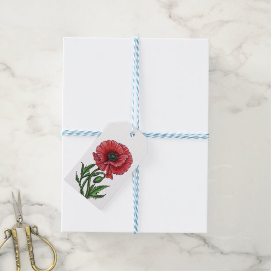 Roter Mohn, Aquarell und Tinte Geschenkanhänger (Mit Garn)