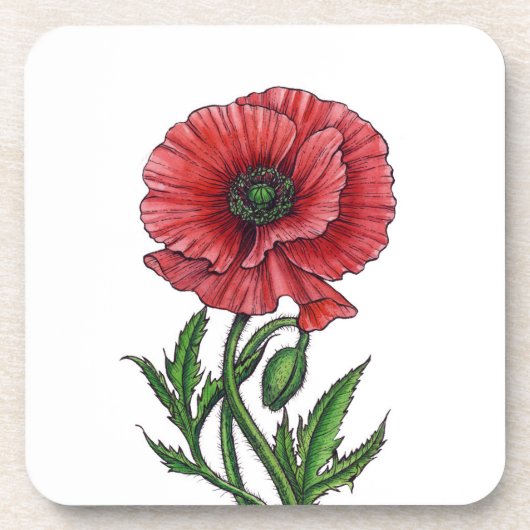 Roter Mohn, Aquarell und Tinte Getränkeuntersetzer (Vorderseite)