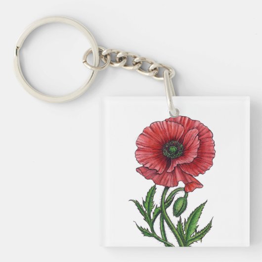 Roter Mohn, Aquarell und Tinte Schlüsselanhänger (Vorderseite)