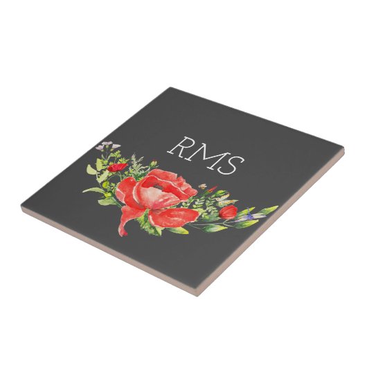 Roter Mohn auf grauem, individualisierbarem Monogr Fliese (Seite)