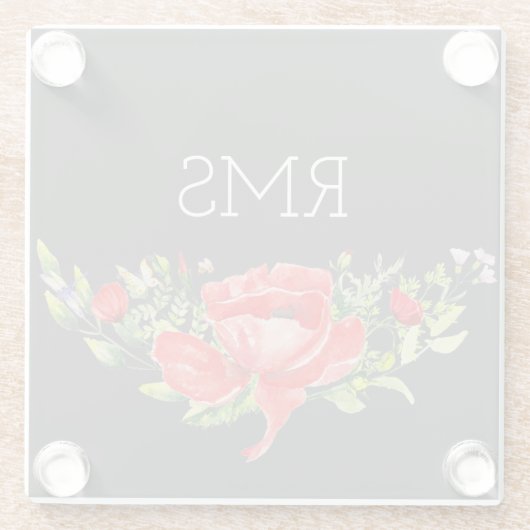 Roter Mohn auf grauem, individualisierbarem Monogr Glasuntersetzer (Rückseite)