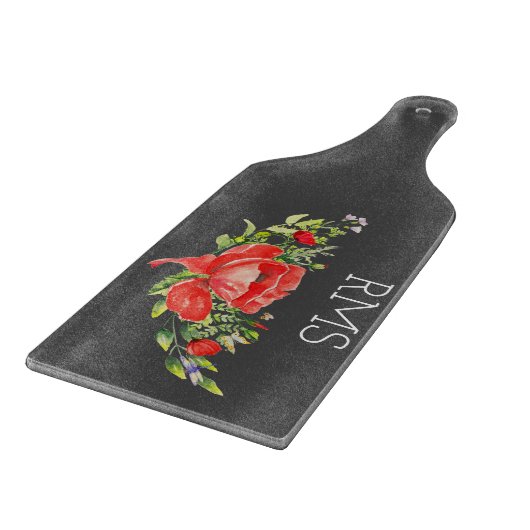 Roter Mohn auf grauem, individualisierbarem Monogr Schneidebrett (Ecke)