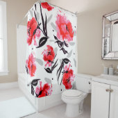 Roter Mohn auf weißem Hintergrund mit grauen Strei Duschvorhang (Beispiel)