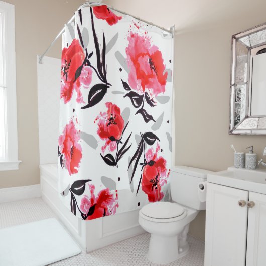 Roter Mohn auf weißem Hintergrund mit grauen Strei Duschvorhang (Beispiel)