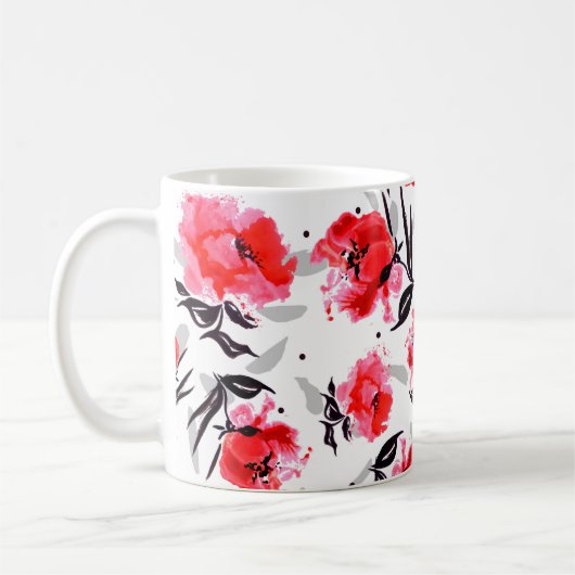 Roter Mohn auf weißem Hintergrund mit grauen Strei Kaffeetasse (Links)
