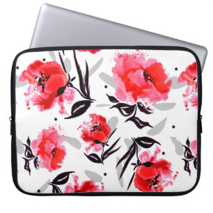 Roter Mohn auf weißem Hintergrund mit grauen Strei Laptopschutzhülle
