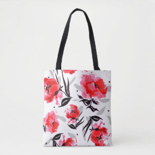 Roter Mohn auf weißem Hintergrund mit grauen Strei Tasche