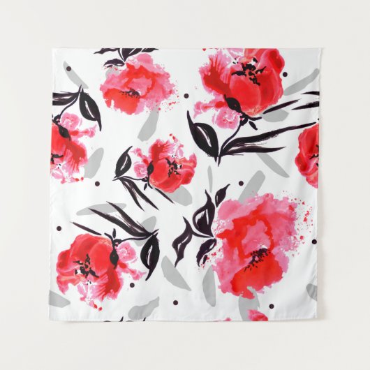 Roter Mohn auf weißem Hintergrund mit grauen Strei Wandteppich (Vorderseite (Horizontal))