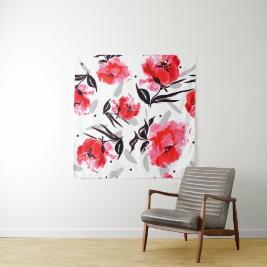 Roter Mohn auf weißem Hintergrund mit grauen Strei Wandteppich (Beispiel (Horizontal))