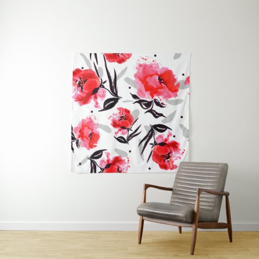 Roter Mohn auf weißem Hintergrund mit grauen Strei Wandteppich (Beispiel)