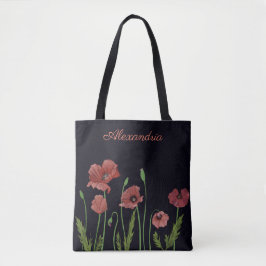 Roter Mohn-Blume auf schwarzem Monogramm Tasche