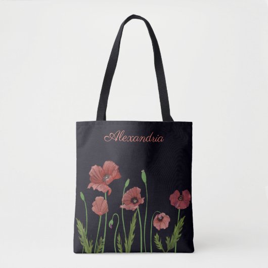 Roter Mohn-Blume auf schwarzem Monogramm Tasche (Vorderseite)