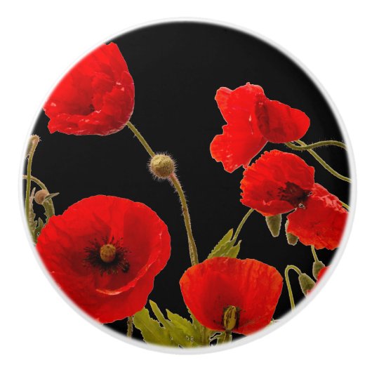 Roter Mohn Blume Farbenfroh Abstrakt Schwarz Keramikknauf (Vorderseite)