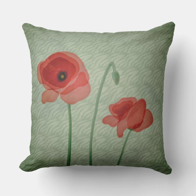 Roter Mohn Blume Grüne Filigree Abstrakt Kissen (Vorderseite)
