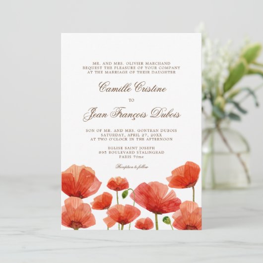 Roter Mohn Blume Hochzeit Einladung (Stehend Vorderseite)