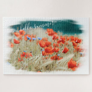 Roter Mohn Blume Maisfeld w/Hello Summer Text Puzzle