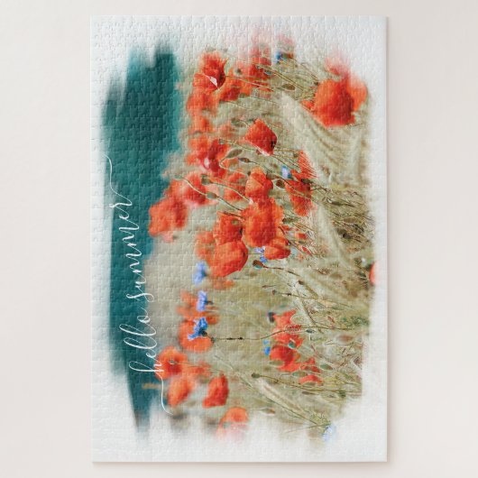 Roter Mohn Blume Maisfeld w/Hello Summer Text Puzzle (Vertikal)