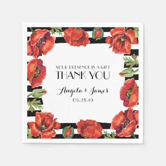 Roter Mohn Blume mit schwarzen Streifen Hochzeit Serviette (Vorderseite)