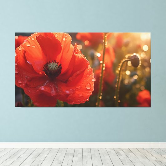 Roter Mohn-Blume mit Wassertropfen - Blütenblüte Leinwanddruck (Insitu (Holzboden))