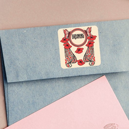 Roter Mohn Blume Schmetterling Abstrakt Dreaming Quadratischer Aufkleber