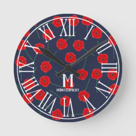 Roter Mohn-Blume und Navy Blue| Monogramm Runde Wanduhr