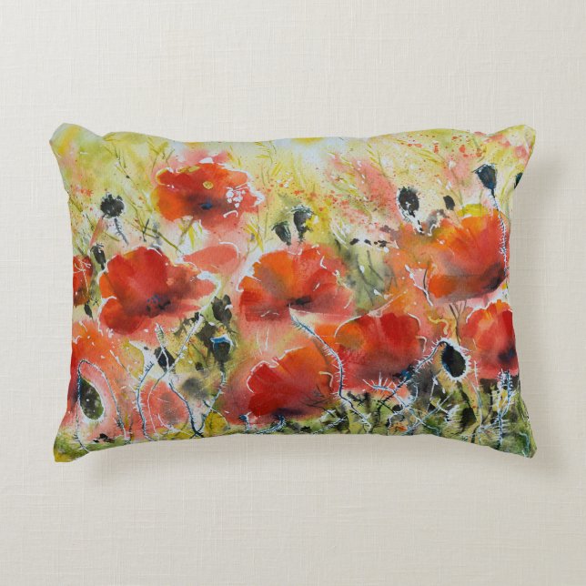 Roter Mohn Blume, weiche Wasserfarbe. Dekokissen (Vorderseite)