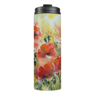 Roter Mohn Blume, weiche Wasserfarbe. Thermosbecher