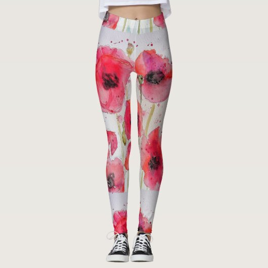 Roter Mohn Floral Wasserfarben Leggings (Vorderseite)