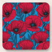 Roter Mohn-Garten auf Blau Getränkeuntersetzer (Vorderseite)