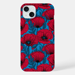 Roter Mohn-Garten auf Blau iPhone 15 Plus Hülle