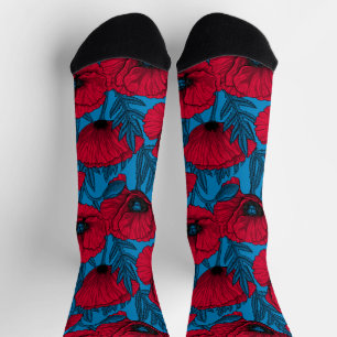 Roter Mohn-Garten auf Blau Socken