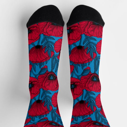 Roter Mohn-Garten auf Blau Socken (Oben)