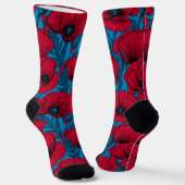 Roter Mohn-Garten auf Blau Socken (Gewinkelt)