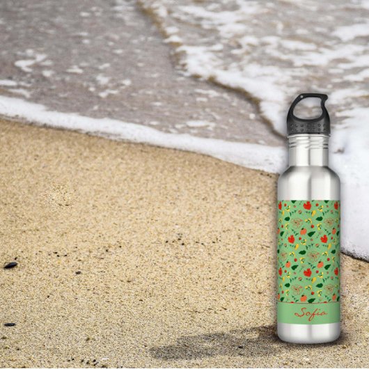 Roter Mohn, grün, Wildblumen Edelstahlflasche