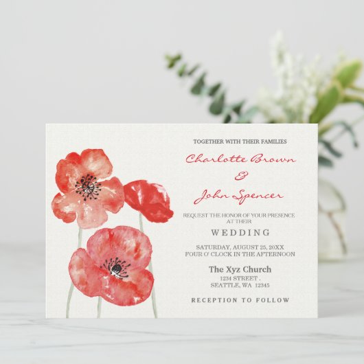 Roter Mohn Hochzeitsfeier Einladung (Stehend Vorderseite)