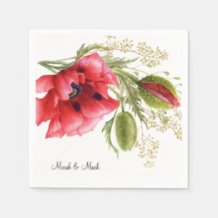 Roter Mohn-Individuelle Name Hochzeitscocktail Serviette