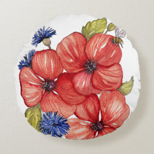 Roter Mohn und Blaue Kornblume Aquarell Rundes Kissen