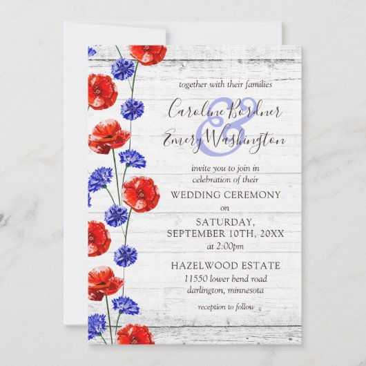 Roter Mohn und Kornblume Rustikale Hochzeit aus Ho Einladung (Vorderseite)