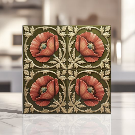 Roter Mohn und Oliven grün Fliese