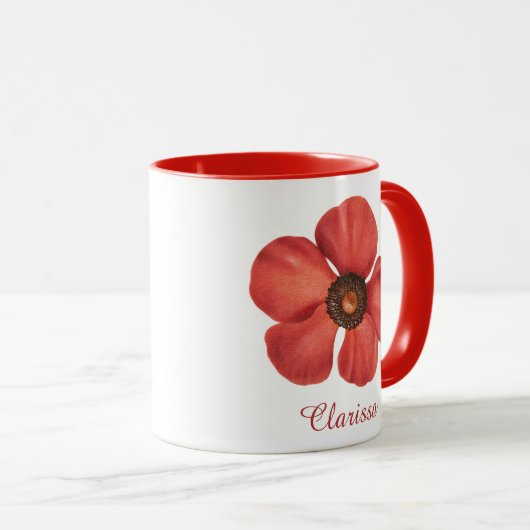 Roter Mohnanemon Blume Monogramm Name Tasse (VorderseiteRechts)