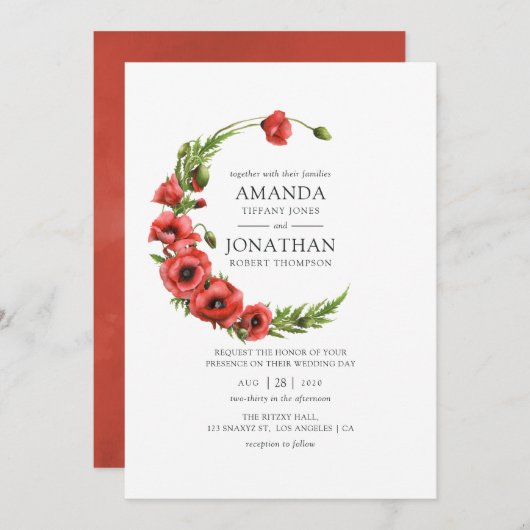 Roter Mohnblumen Hochzeit in Rustikalem Land Einladung (Vorne/Hinten)