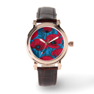 Roter Mohngarten auf blau Armbanduhr