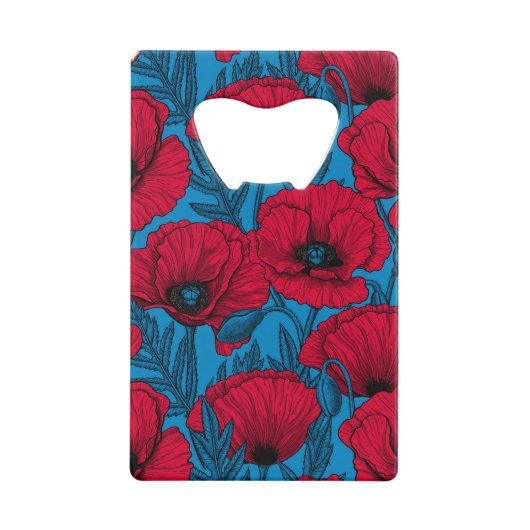 Roter Mohngarten auf blau Geldbeutel Flaschenöffner (Vorderseite)