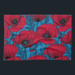 Roter Mohngarten auf blau Geschirrtuch<br><div class="desc">Vektormuster aus handgezeichnet Mohn.</div>